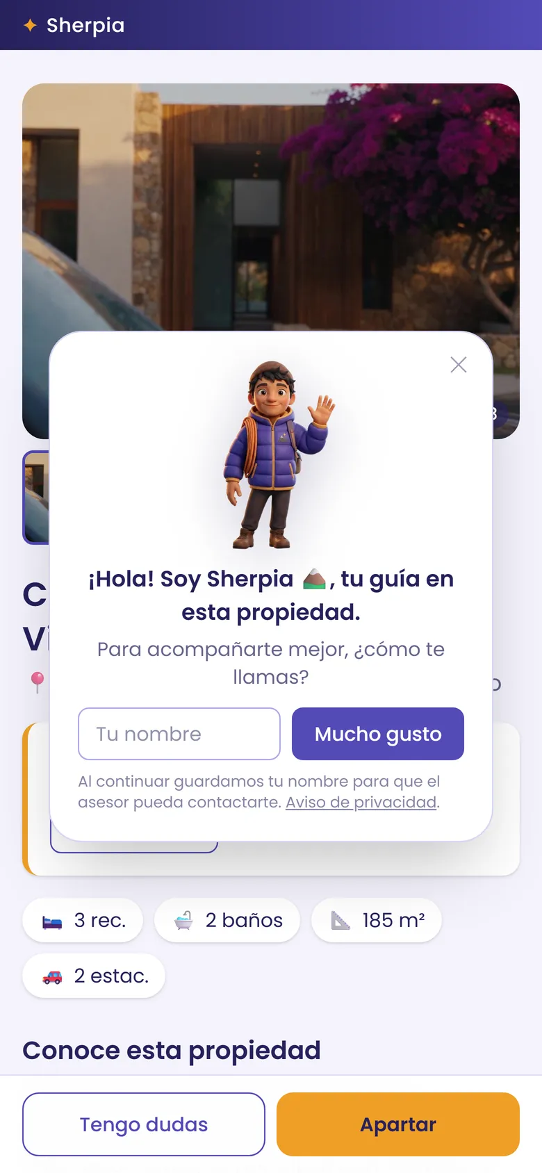 La ficha pública de la casa con el guía de Sherpia saludando al interesado y pidiéndole su nombre.